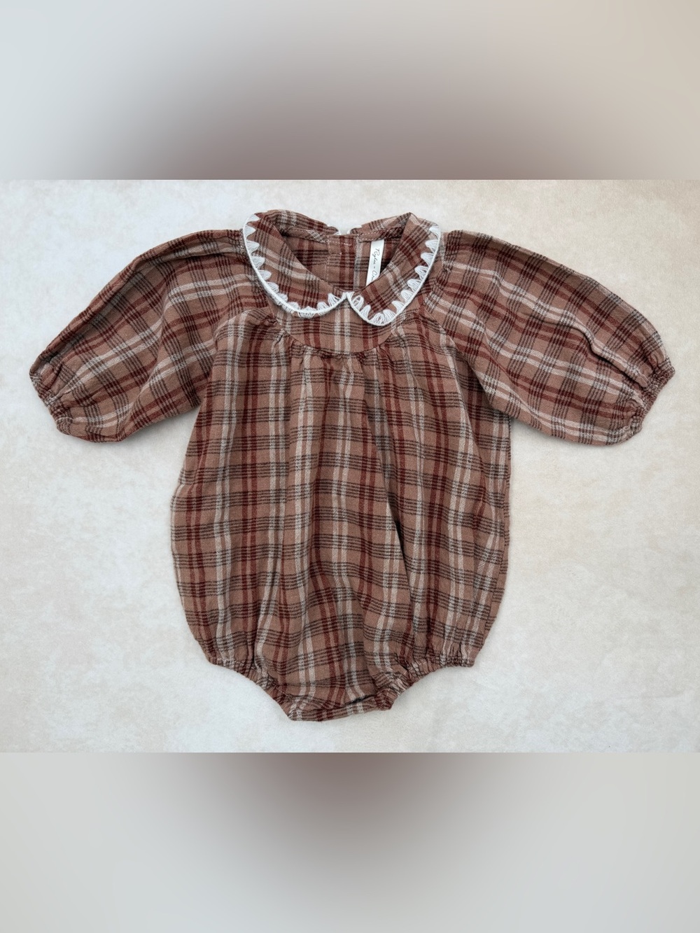 New Rylee + Cru Brown Plaid Romper with White Trim